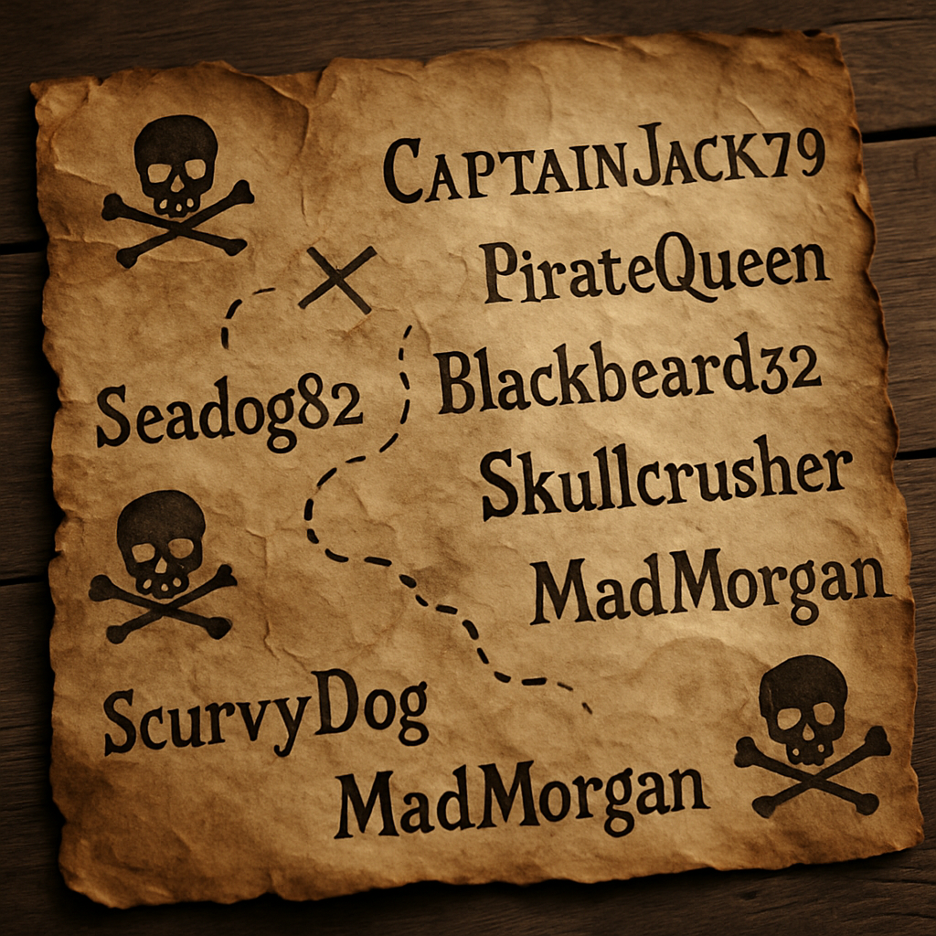 Design an image of a treasure map with pirate-themed usernames written on it, featuring classic pirate symbols like skulls and crossbones. Create a photorealistic, professional, natural-looking image with believable lighting and detail.