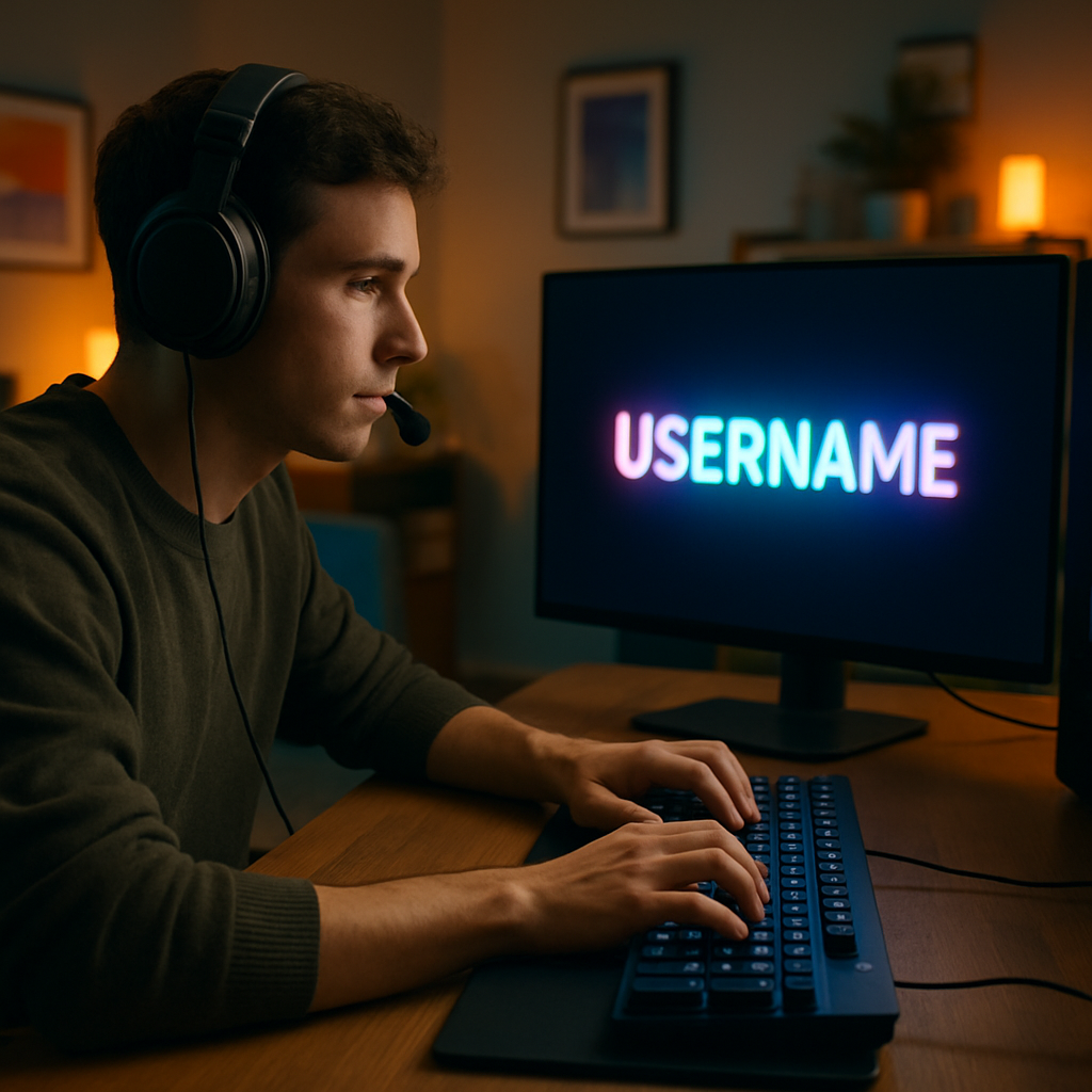 A gamer typing on a keyboard with an illuminated username on a screen in a cozy gaming room. Create a photorealistic, professional, natural-looking image with believable lighting and detail.