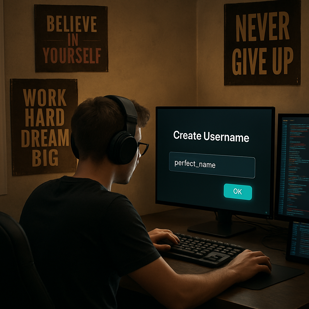 Visualize a gamer surrounded by motivational posters and computer screens, crafting the perfect username. Create a photorealistic, professional, natural-looking image with believable lighting and detail.
