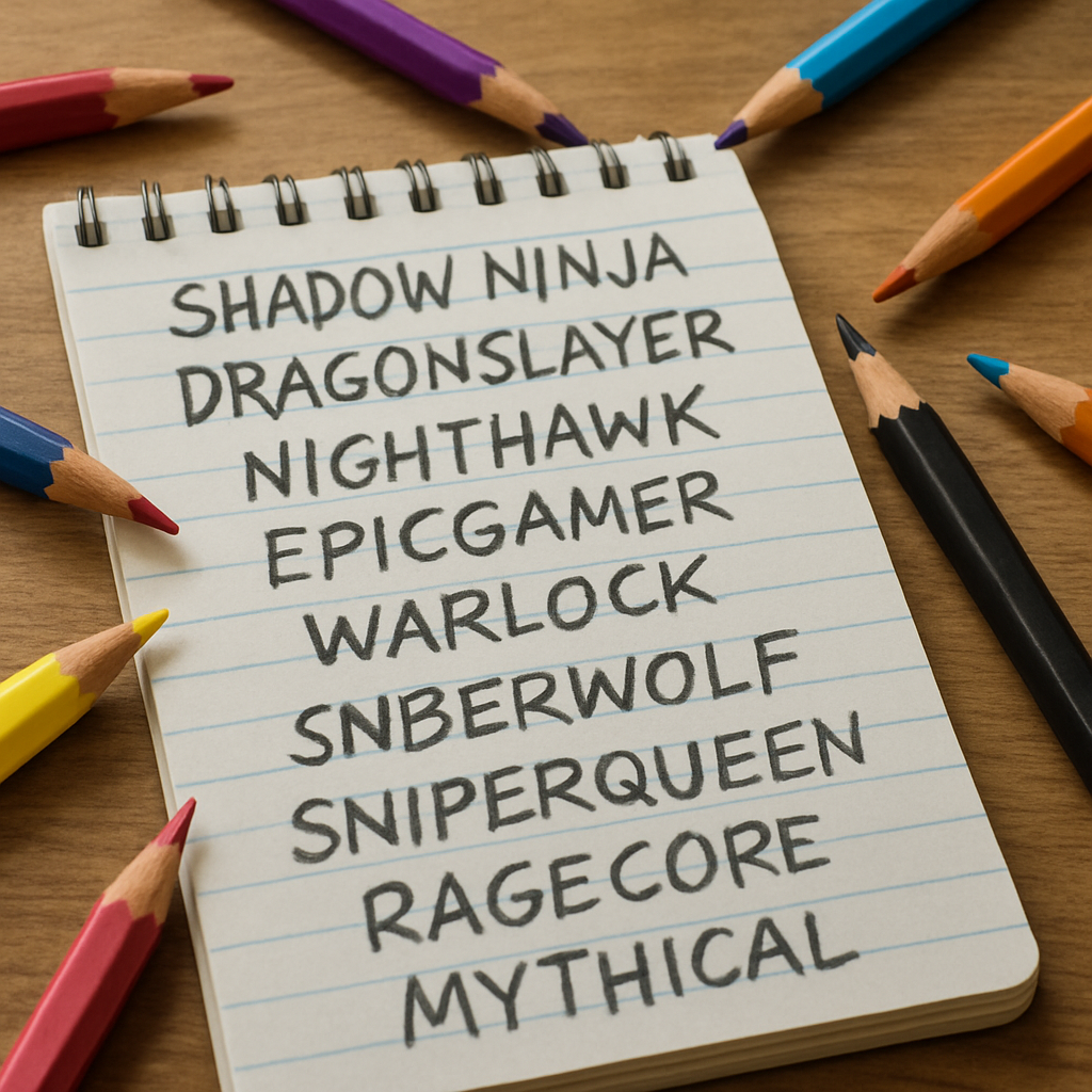 A close-up of a notepad filled with creative gaming usernames, with colorful pencils scattered around. Create a photorealistic, professional, natural-looking image with believable lighting and detail.