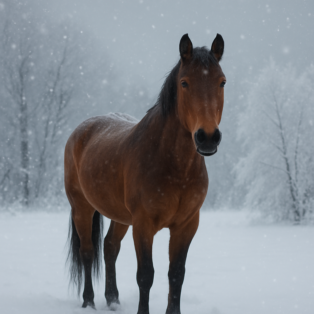 A serene winter scene with a horse standing in the snow, surrounded by snowflakes and frosted trees. Create a photorealistic, professional, natural-looking image with believable lighting and detail.