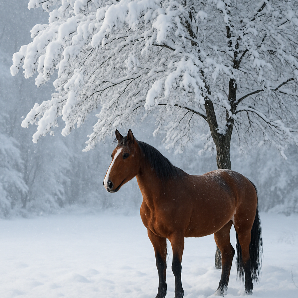 A stunning winter scene with a horse under a snow-covered tree. Create a photorealistic, professional, natural-looking image with believable lighting and detail.