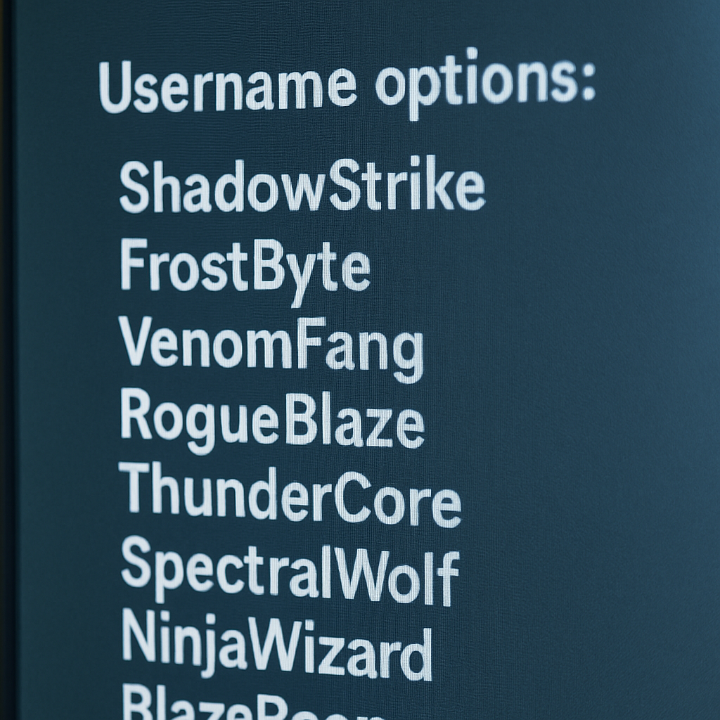 A close-up of a computer screen displaying various username options generated for gamers. Create a photorealistic, professional, natural-looking image with believable lighting and detail.