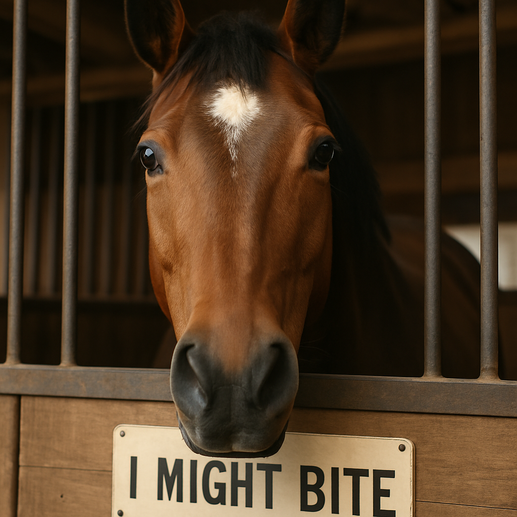 A close-up of a horse with a humorous sign in its stall. Create a photorealistic, professional, natural-looking image with believable lighting and detail.