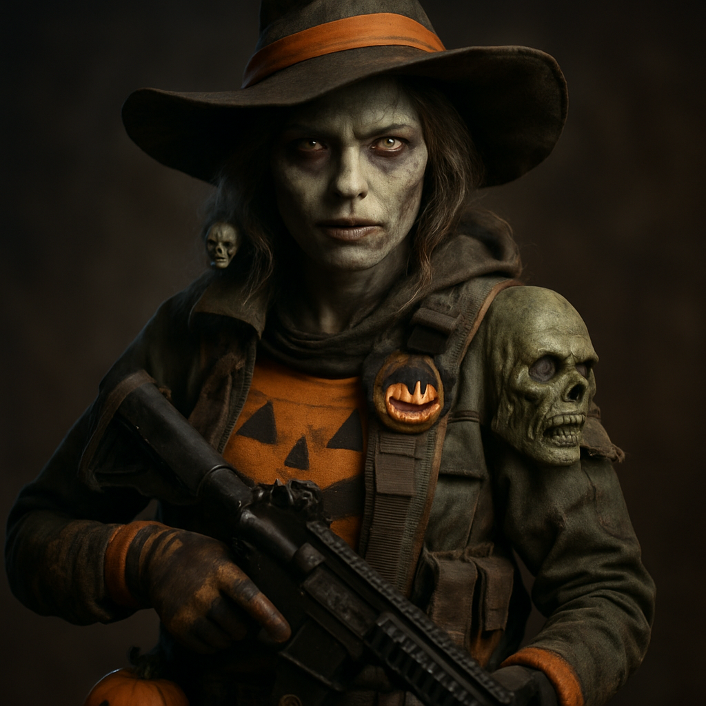 A gaming character dressed in Halloween-themed gear, like a witch or zombie with accessories. Create a photorealistic, professional, natural-looking image with believable lighting and detail.