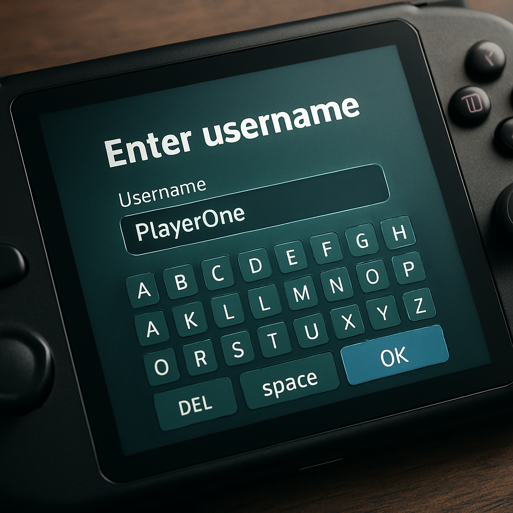 Show a close-up of a gaming console with an engaging username input screen. Create a photorealistic, professional, natural-looking image with believable lighting and detail.