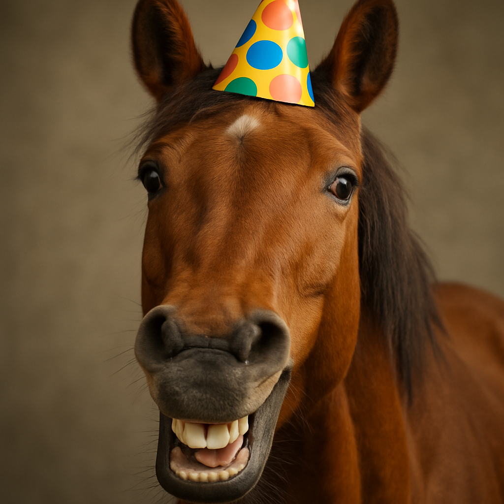 A close-up of a horse wearing a funny party hat, embodying humor and joy. Create a photorealistic, professional, natural-looking image with believable lighting and detail.
