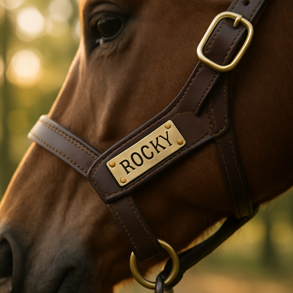 A close-up image of a horse's name tag on a leather halter with soft sunlight filtering through trees. Create a photorealistic, professional, natural-looking image with believable lighting and detail.