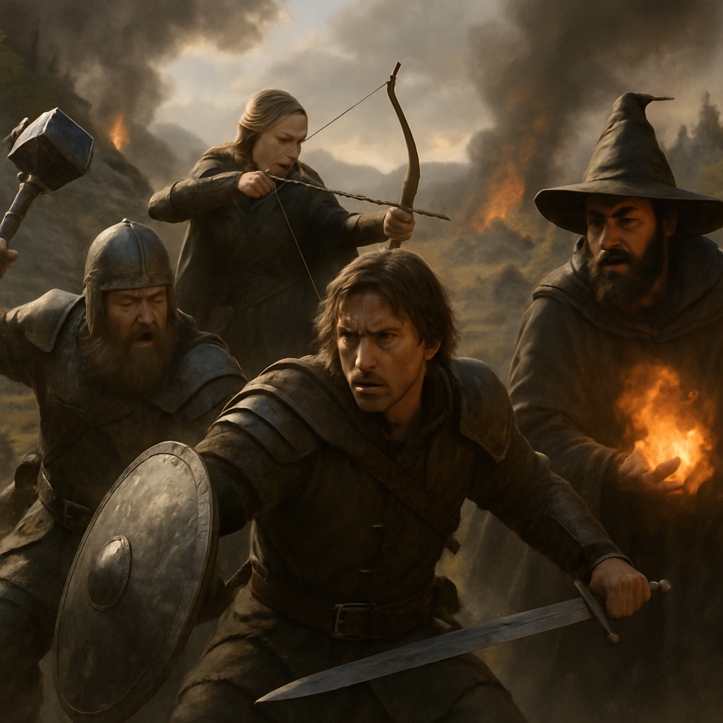 A photorealistic depiction of a fantasy RPG setting with various character classes in action. Create a photorealistic, professional, natural-looking image with believable lighting and detail.