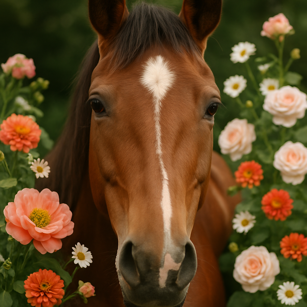 A close-up of a horse's face with a gentle expression, surrounded by flowers. Create a photorealistic, professional, natural-looking image with believable lighting and detail.