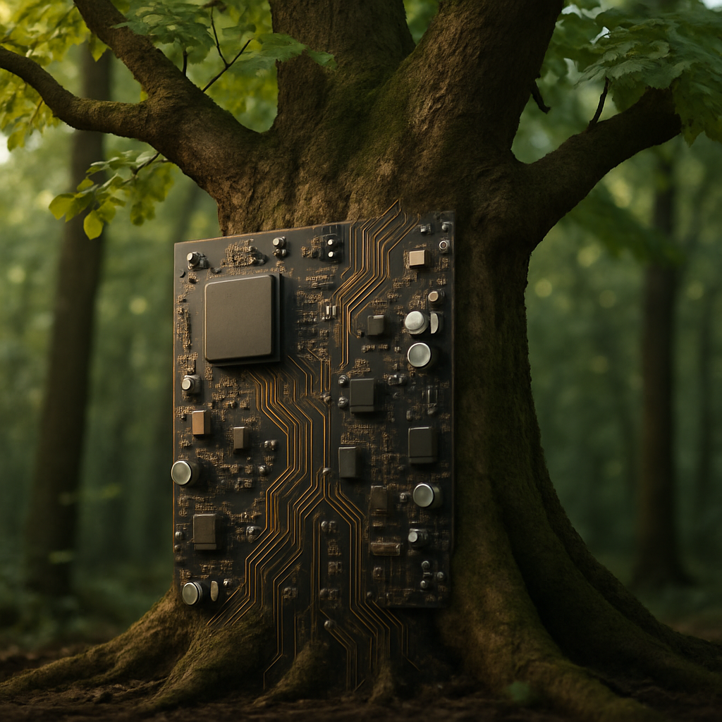 An abstract representation of technology merging with nature, symbolic of cyberpunk themes. Create a photorealistic, professional, natural-looking image with believable lighting and detail.