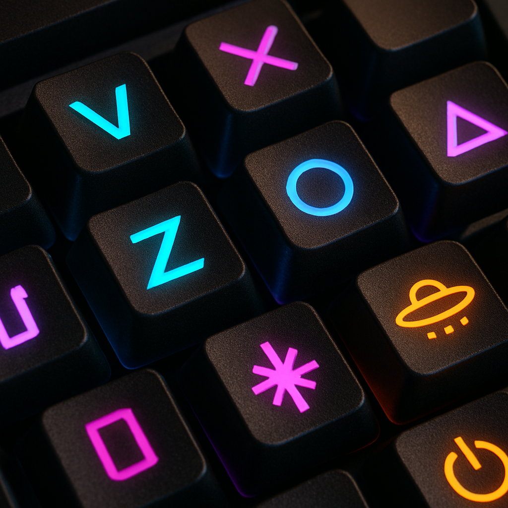 A close-up shot of a gaming keyboard with sci-fi symbols illuminated in neon colors. Create a photorealistic, professional, natural-looking image with believable lighting and detail.