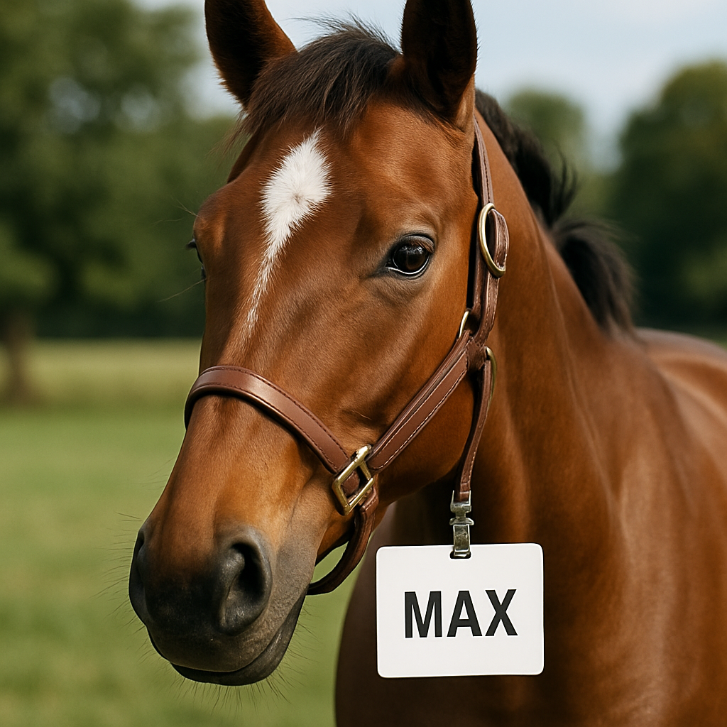 An image of a horse with a name tag, showcasing the theme of horse naming. Create a photorealistic, professional, natural-looking image with believable lighting and detail.
