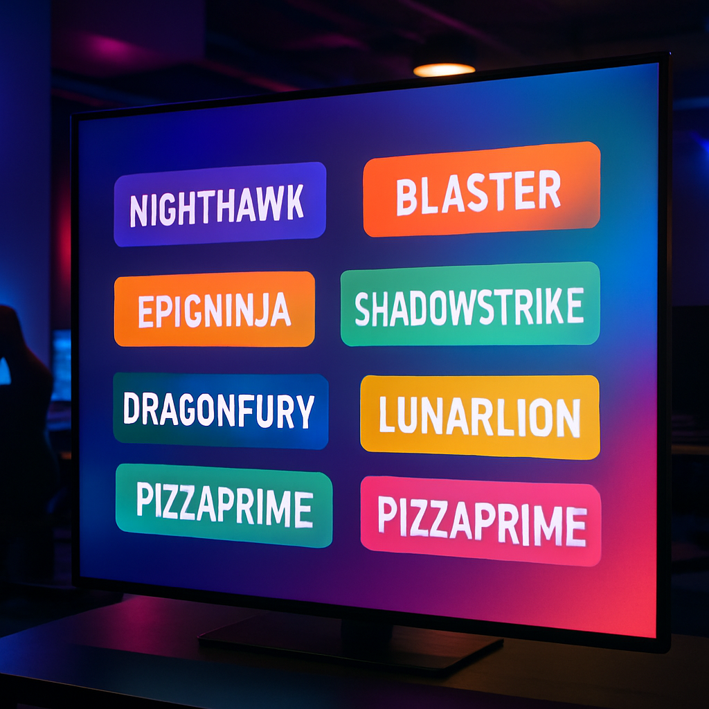 A collection of unique and memorable gaming usernames displayed on a vibrant screen in a gaming lounge. Create a photorealistic, professional, natural-looking image with believable lighting and detail.