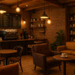 A cozy coffee shop interior, showcasing warm lighting, comfy seating, and a welcoming atmosphere.