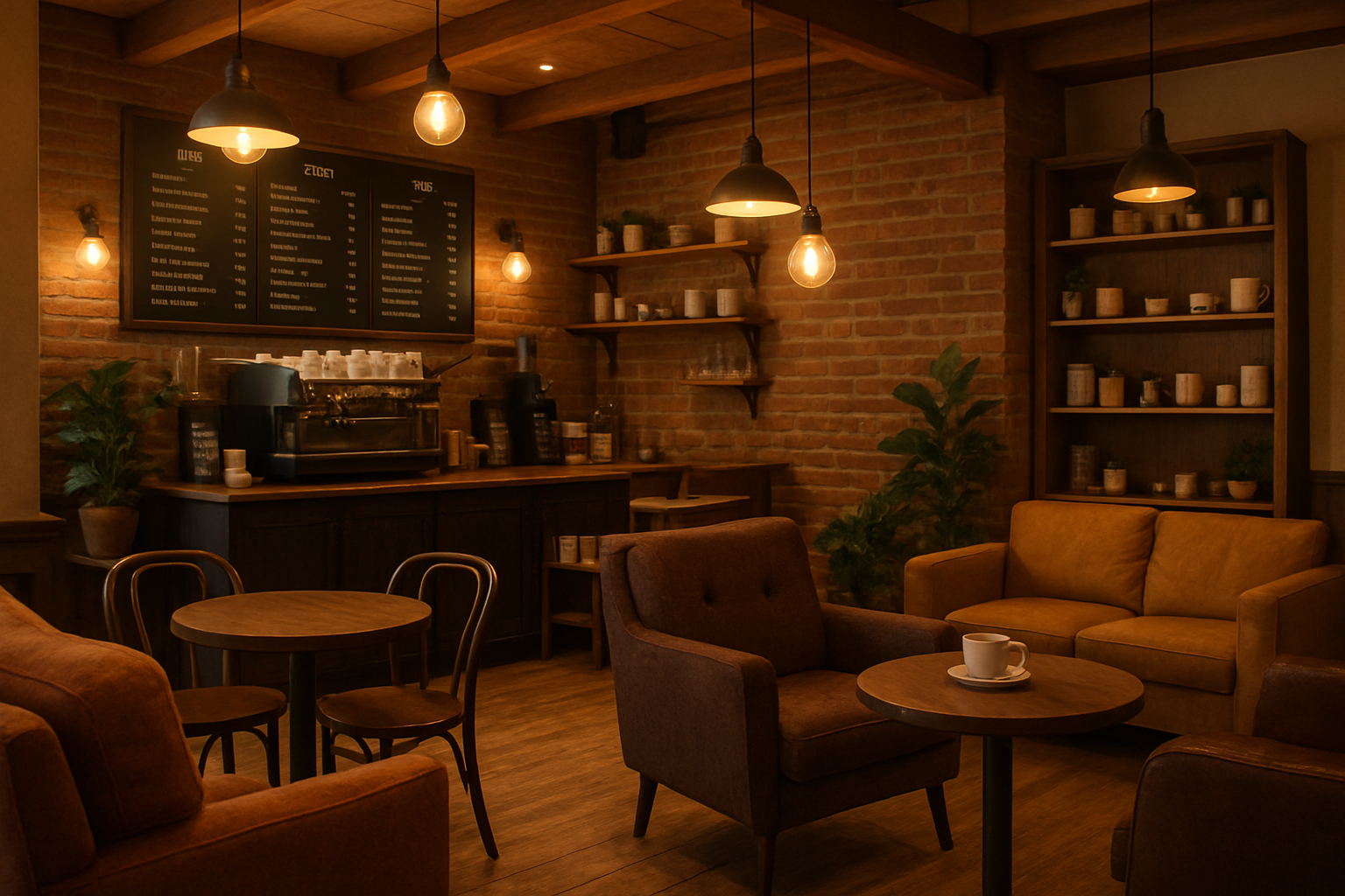 A cozy coffee shop interior, showcasing warm lighting, comfy seating, and a welcoming atmosphere.
