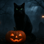 A black cat with glowing green eyes sitting on a pumpkin in a spooky Halloween setting. Create a photorealistic, professional, natural-looking image with believable lighting and detail.