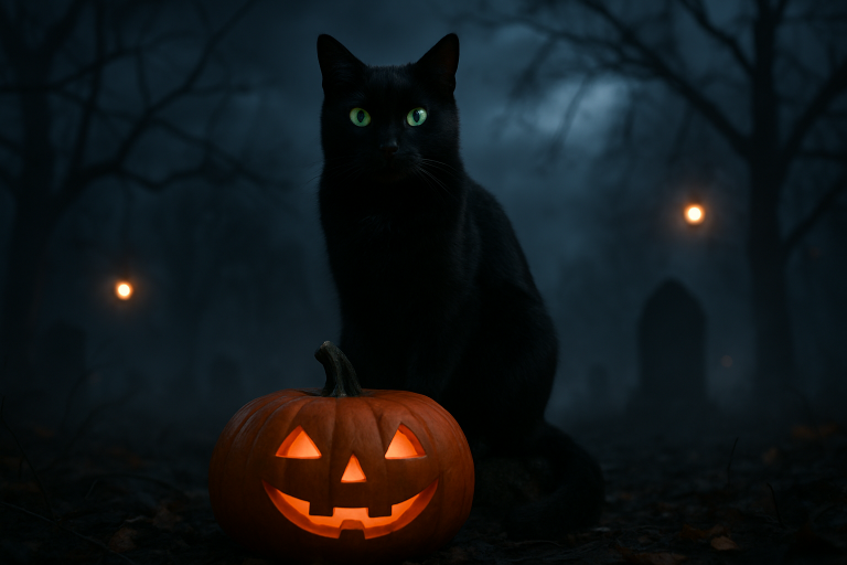 A black cat with glowing green eyes sitting on a pumpkin in a spooky Halloween setting. Create a photorealistic, professional, natural-looking image with believable lighting and detail.