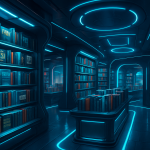 Conceptual design of a sci-fi themed bookstore with a futuristic ambiance and bookshelves filled with genre classics.
