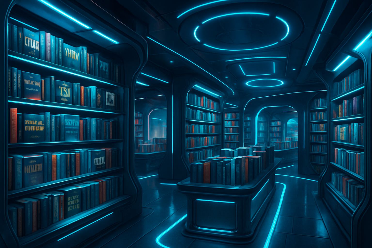 Conceptual design of a sci-fi themed bookstore with a futuristic ambiance and bookshelves filled with genre classics.