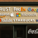 A creative representation of various brand names on a storefront, conveying trust and recognition.