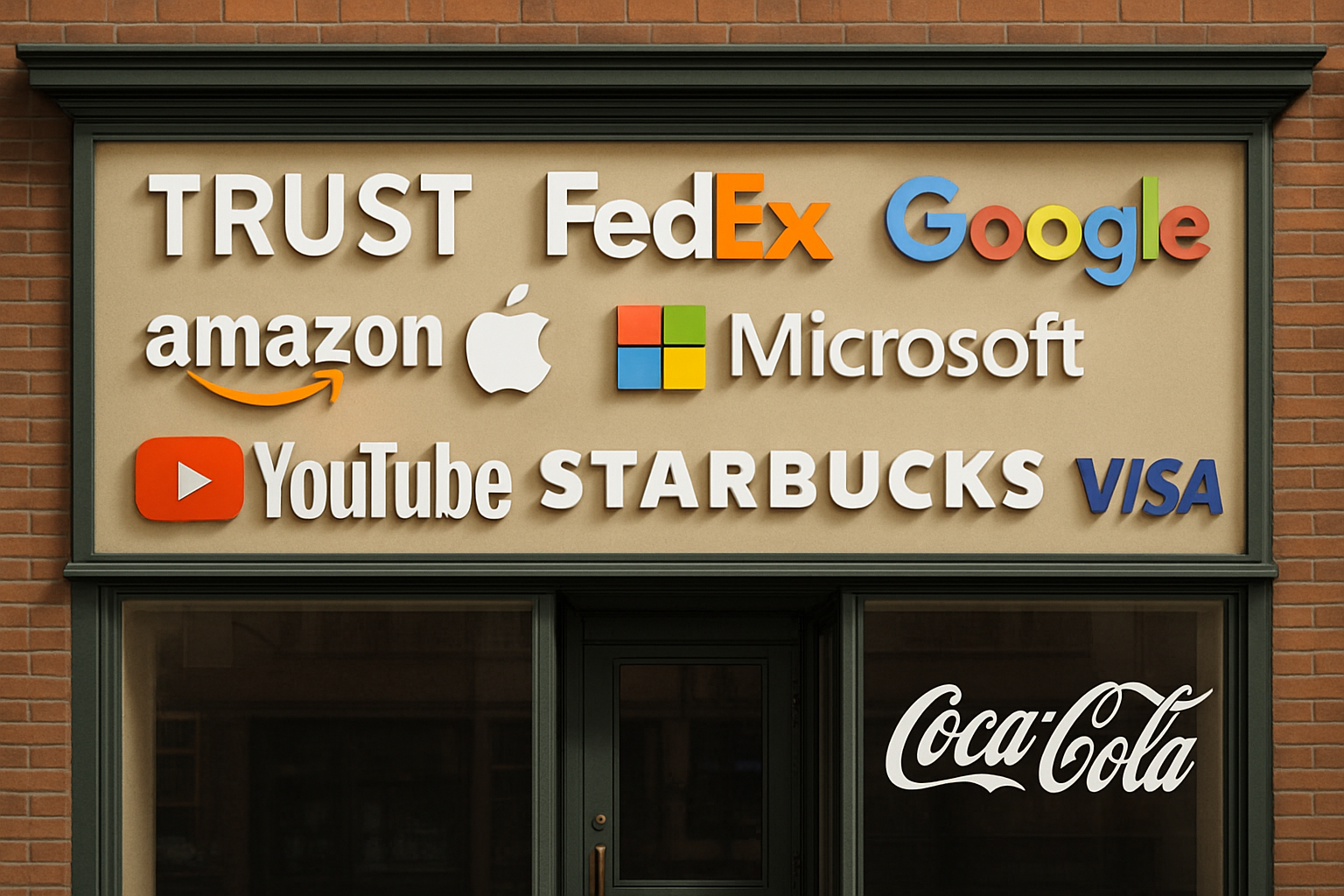 A creative representation of various brand names on a storefront, conveying trust and recognition.
