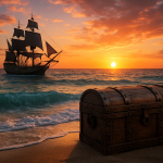 Create a photorealistic image of a pirate ship sailing across a vibrant sea, with a treasure chest in the foreground and a sunset in the background, highlighting the adventurous theme. Create a photorealistic, professional, natural-looking image with believable lighting and detail.