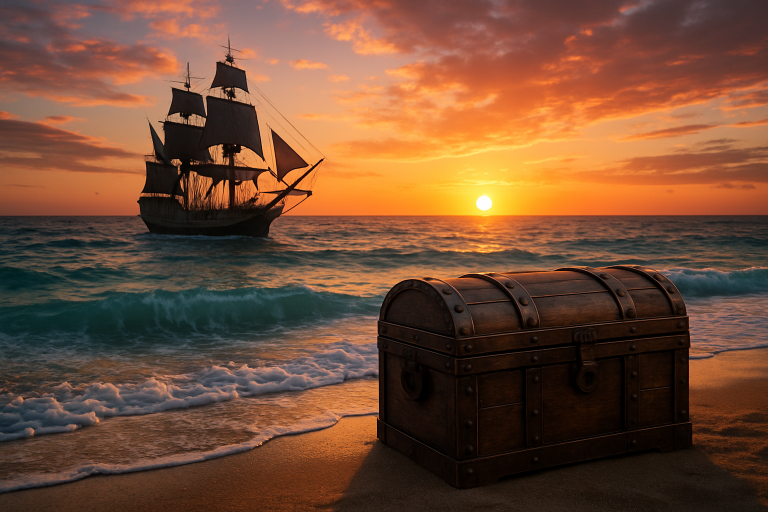 Create a photorealistic image of a pirate ship sailing across a vibrant sea, with a treasure chest in the foreground and a sunset in the background, highlighting the adventurous theme. Create a photorealistic, professional, natural-looking image with believable lighting and detail.