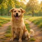 Create a photorealistic image of a happy dog in a park, surrounded by beautiful scenery, reflecting joy and playfulness, with soft lighting. Create a photorealistic, professional, natural-looking image with believable lighting and detail.