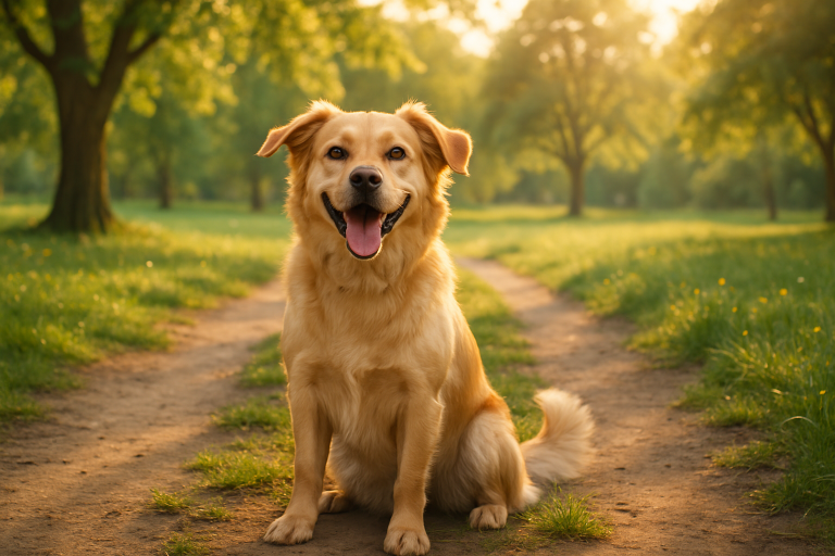 Create a photorealistic image of a happy dog in a park, surrounded by beautiful scenery, reflecting joy and playfulness, with soft lighting. Create a photorealistic, professional, natural-looking image with believable lighting and detail.