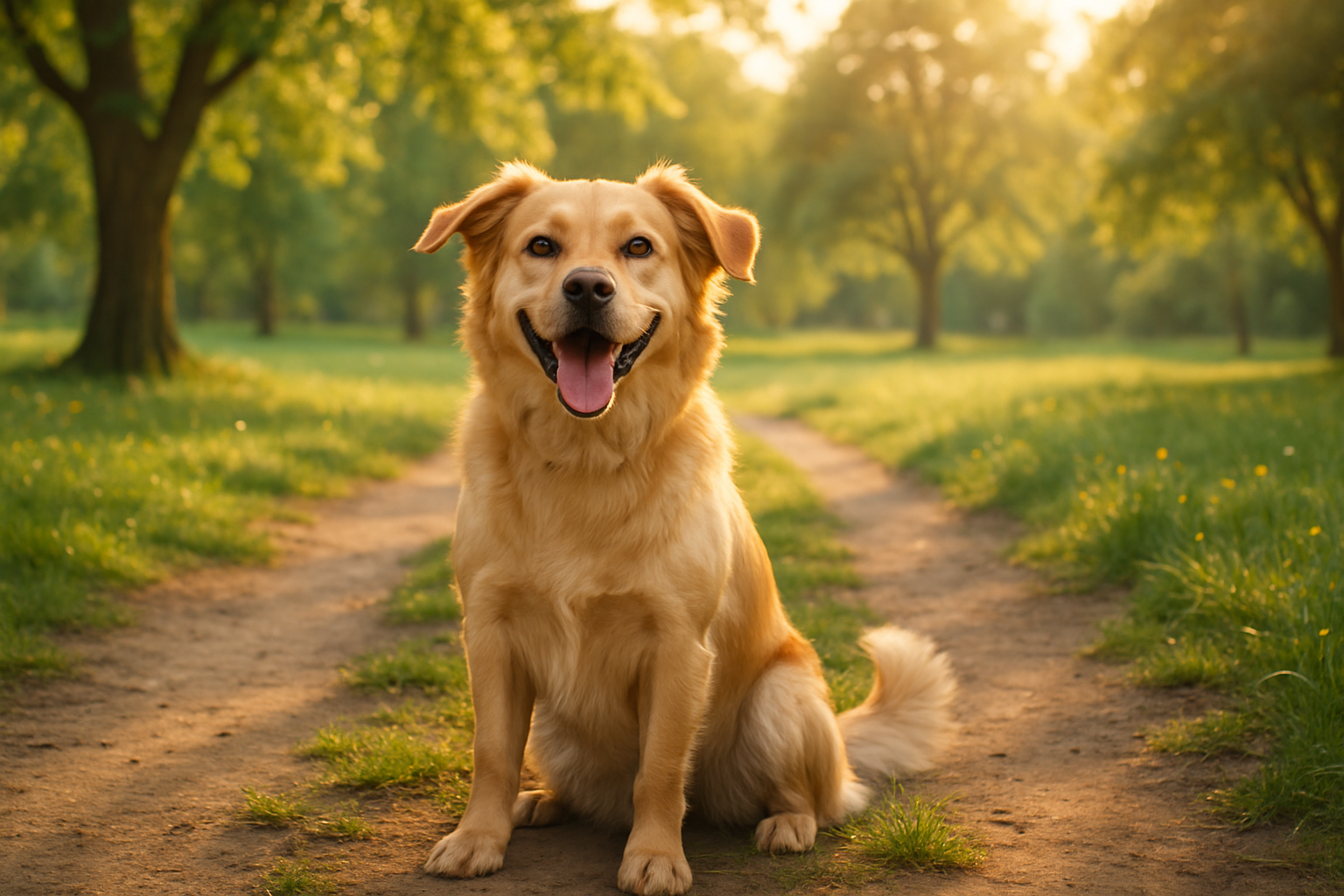 Create a photorealistic image of a happy dog in a park, surrounded by beautiful scenery, reflecting joy and playfulness, with soft lighting. Create a photorealistic, professional, natural-looking image with believable lighting and detail.
