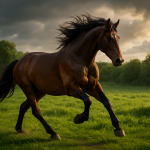 Create a photorealistic image of a powerful horse galloping in a lush green field, showcasing its strength and grace with dramatic lighting. Create a photorealistic, professional, natural-looking image with believable lighting and detail.