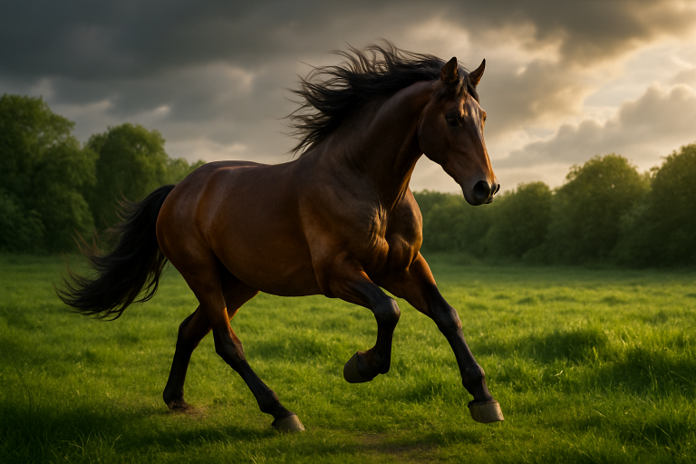 Create a photorealistic image of a powerful horse galloping in a lush green field, showcasing its strength and grace with dramatic lighting. Create a photorealistic, professional, natural-looking image with believable lighting and detail.