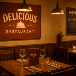 A cozy restaurant setting with a warm ambiance that includes branding elements like a menu and signage, conveying a sense of hospitality and delicious food.