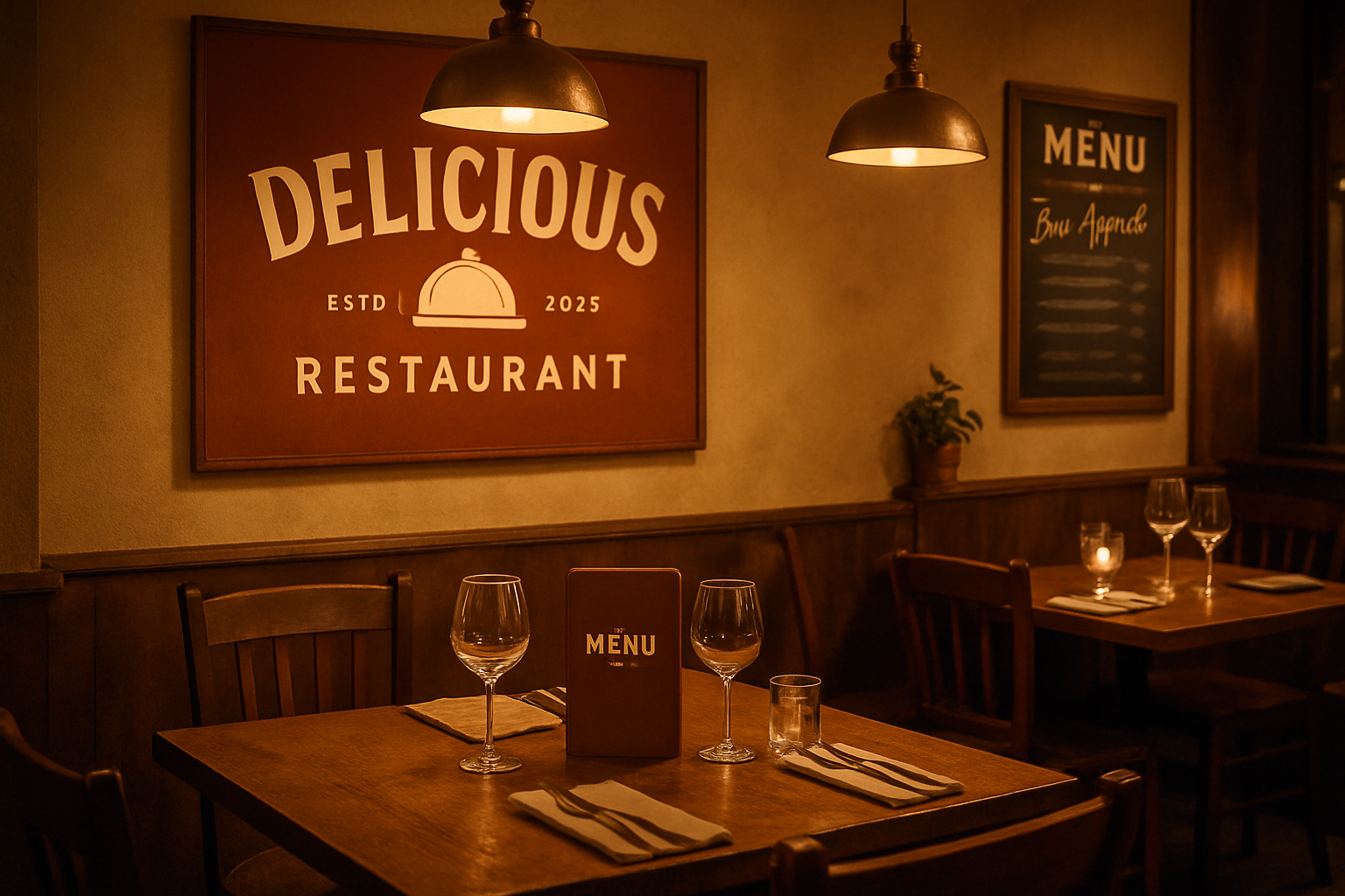 A cozy restaurant setting with a warm ambiance that includes branding elements like a menu and signage, conveying a sense of hospitality and delicious food.