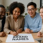 A friendly and professional business environment showcasing diverse entrepreneurs brainstorming brand names.
