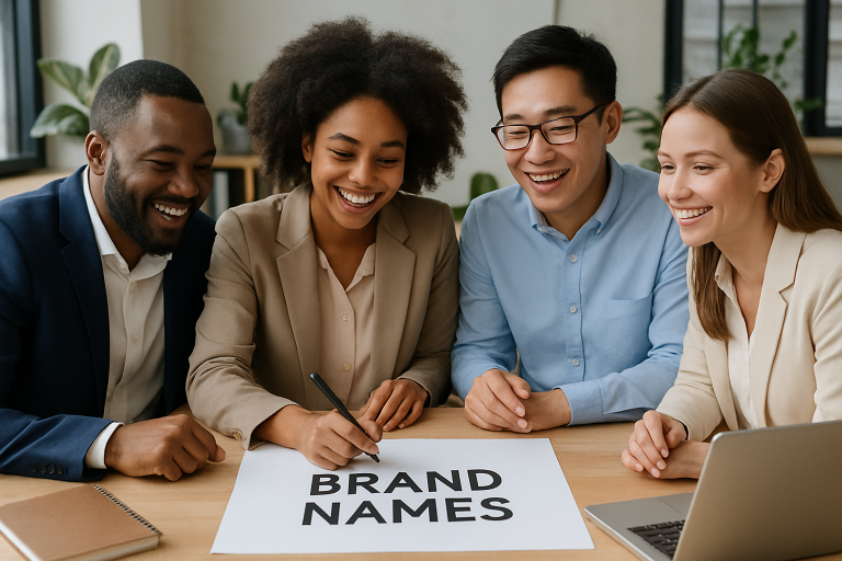 A friendly and professional business environment showcasing diverse entrepreneurs brainstorming brand names.