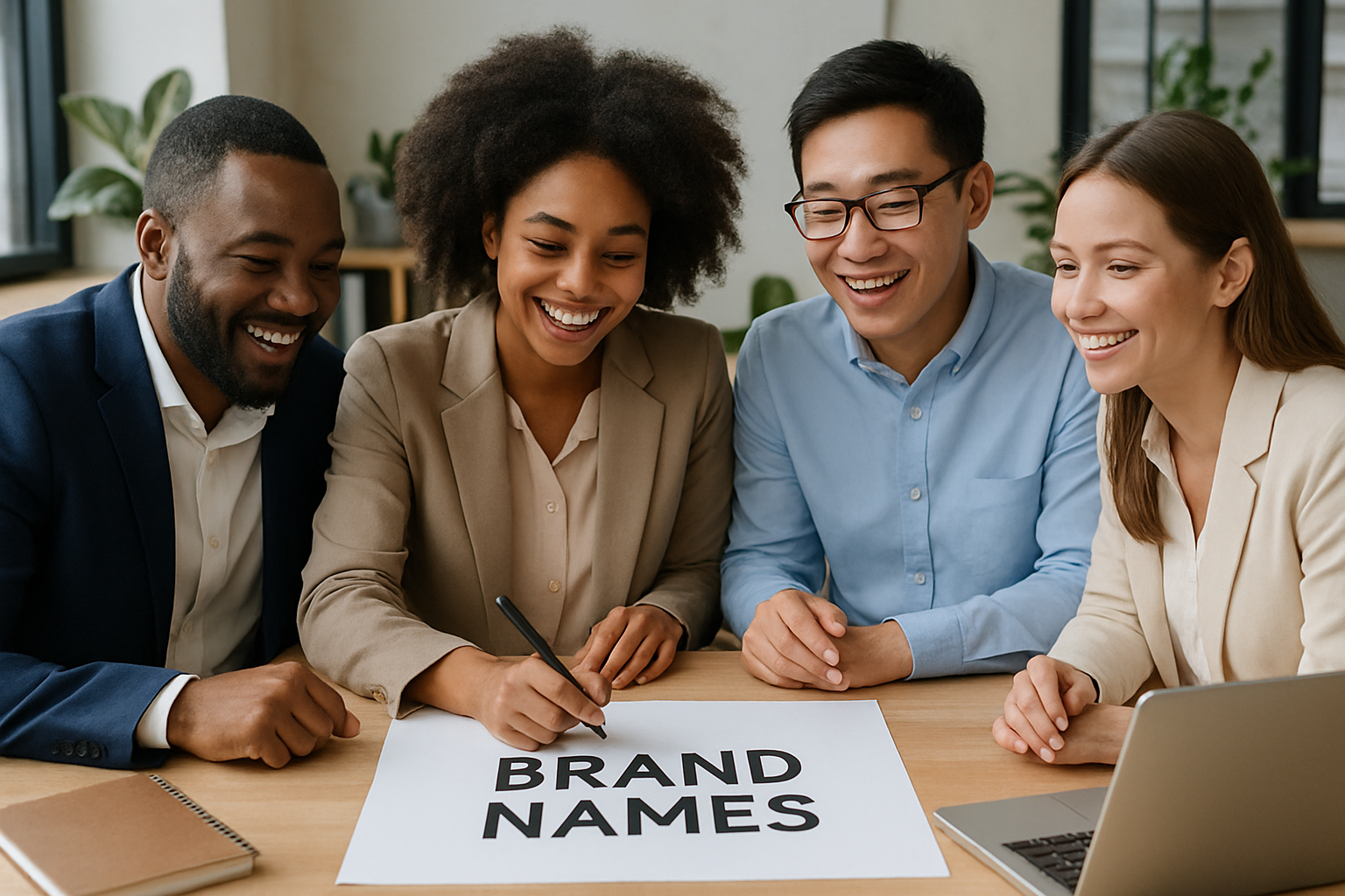 A friendly and professional business environment showcasing diverse entrepreneurs brainstorming brand names.