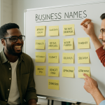 A diverse group of people brainstorming business names in an office environment.