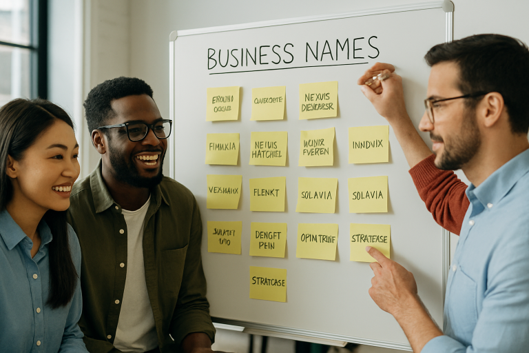 A diverse group of people brainstorming business names in an office environment.