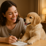 Create a cheerful image of a new pet owner happily contemplating names with their puppy in a warm, inviting setting. Create a photorealistic, professional, natural-looking image with believable lighting and detail.