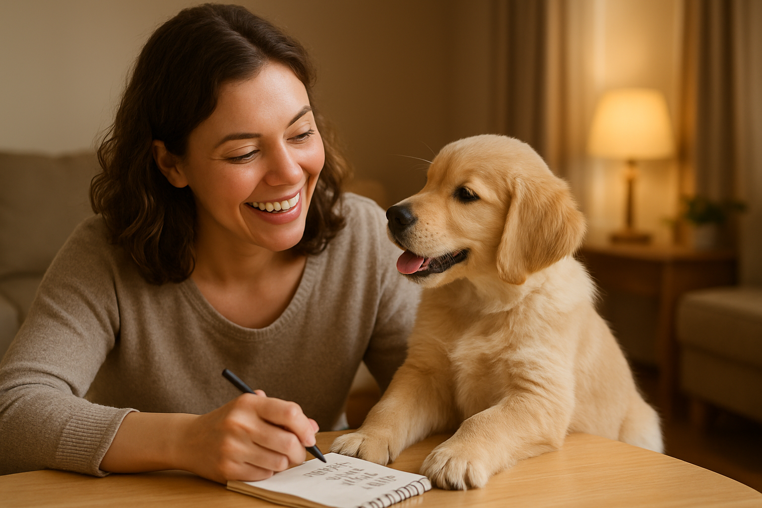 Create a cheerful image of a new pet owner happily contemplating names with their puppy in a warm, inviting setting. Create a photorealistic, professional, natural-looking image with believable lighting and detail.