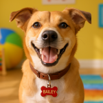Create a photorealistic image of a joyful dog with a personalized name tag in a bright, playful environment. Create a photorealistic, professional, natural-looking image with believable lighting and detail.