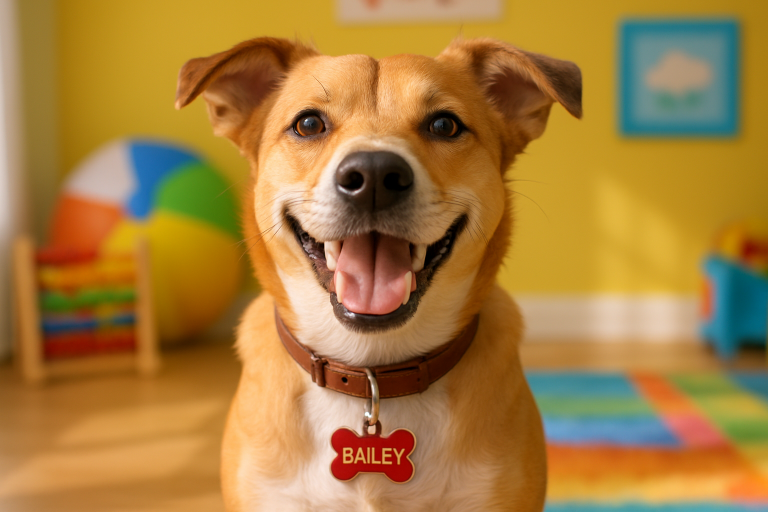 Create a photorealistic image of a joyful dog with a personalized name tag in a bright, playful environment. Create a photorealistic, professional, natural-looking image with believable lighting and detail.