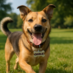 A cheerful dog playing in a sunny park, with a customized name tag on its collar. Create a photorealistic, professional, natural-looking image with believable lighting and detail.