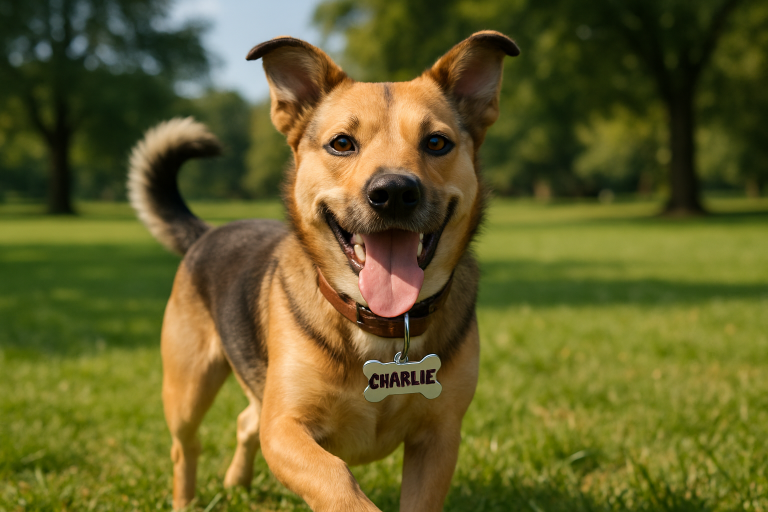 A cheerful dog playing in a sunny park, with a customized name tag on its collar. Create a photorealistic, professional, natural-looking image with believable lighting and detail.