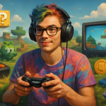 A vibrant gaming landscape showcasing various gaming elements and characters, representing creativity and individualism. Create a photorealistic, professional, natural-looking image with believable lighting and detail.
