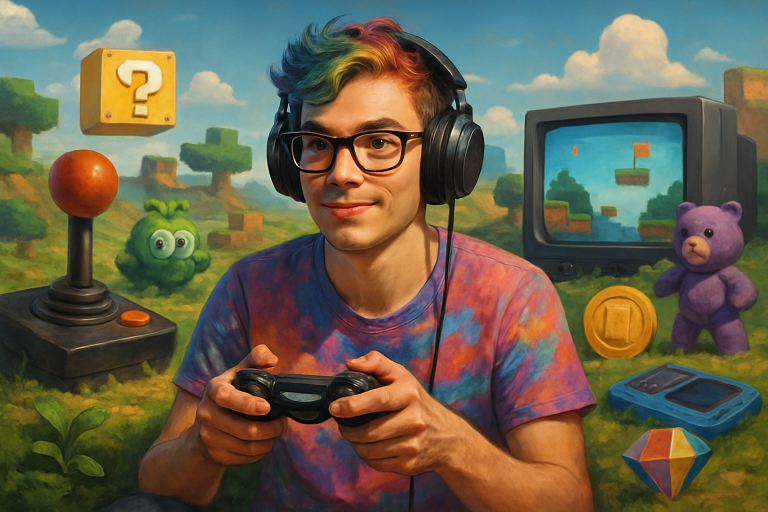 A vibrant gaming landscape showcasing various gaming elements and characters, representing creativity and individualism. Create a photorealistic, professional, natural-looking image with believable lighting and detail.
