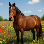 A photorealistic image of a horse standing in a blooming field during spring, with vibrant flowers and a bright blue sky. Create a photorealistic, professional, natural-looking image with believable lighting and detail.