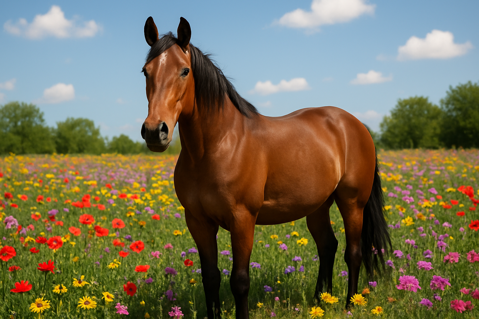 A photorealistic image of a horse standing in a blooming field during spring, with vibrant flowers and a bright blue sky. Create a photorealistic, professional, natural-looking image with believable lighting and detail.